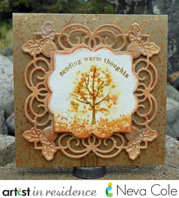 A handmade fall themed card featuring a soft looking autumn tree made by using Ink Potion No. 9 to encourage ink migration.