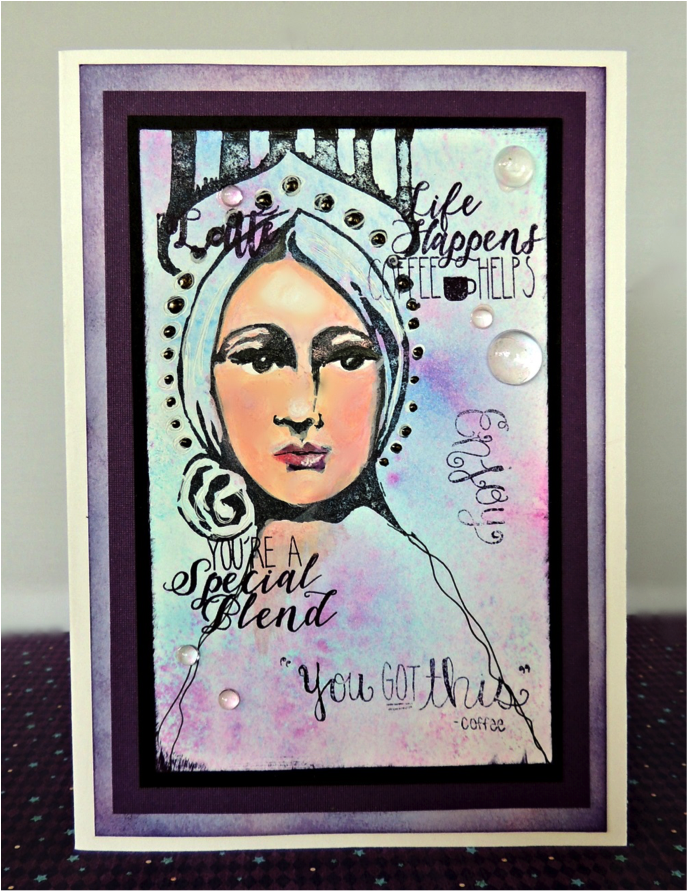 Renee Zarate blends several colors of VersaMagic inkt ogether to get a beautiful skintone on her stamped image as a focal point for her handmade card.
