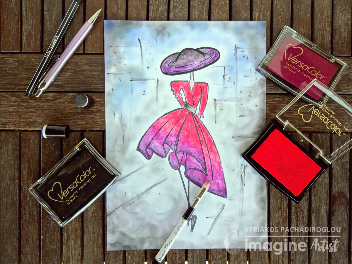 Kyriakos of The Crafters World colors in a dress sketch with VersaColor Inks and a Brushstix.