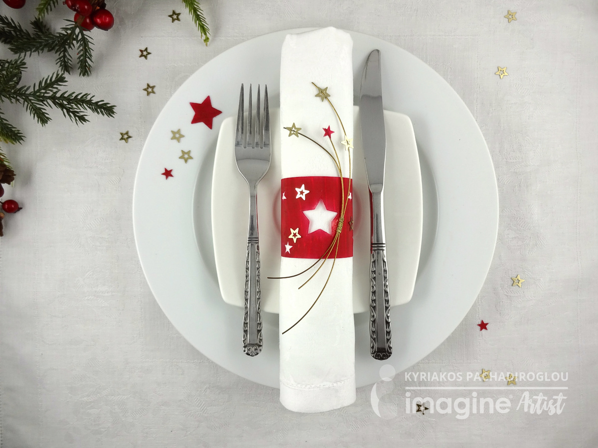 Festive napkin rings handmade with Imagine's Vertigo Sheets and Tuskinekos StazOn ink with star embellishements by Kyriakos of The Crafts World.