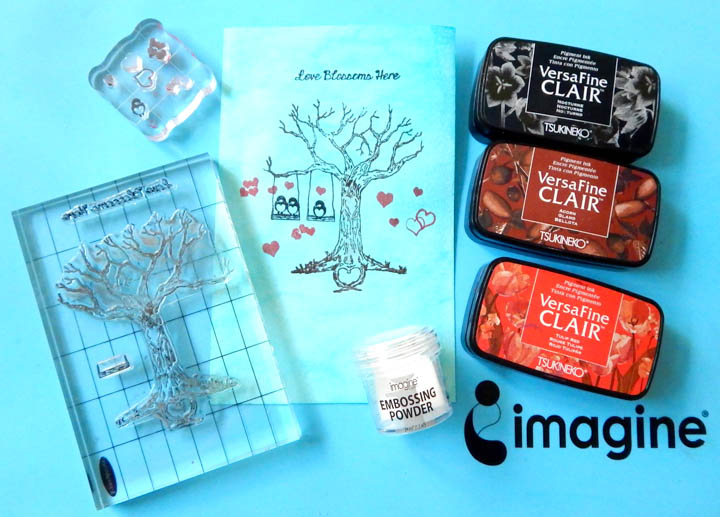 Acorn Versafine Clair ink. Add Imagine’s Embossing Powder in Clear and heat set.