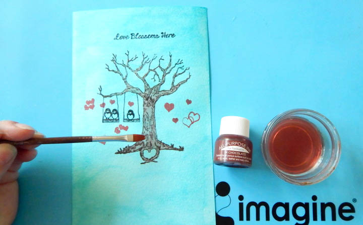 Color in the tree with the Chocolate All-Purpose ink and water