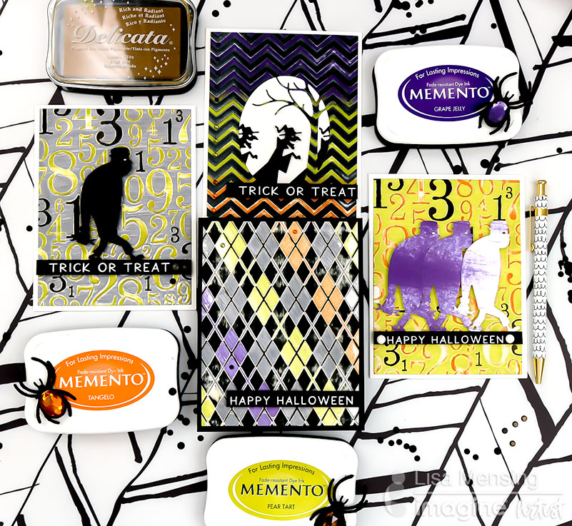 Use Memento dye inks with direct-to-paper techniques to create a distressed look across several card backgrounds such as a numbers theme, an Argyle plaid theme, and a chevron style. These matching trick or treat cards are perfect to pair with candy and gifts for Fall! 