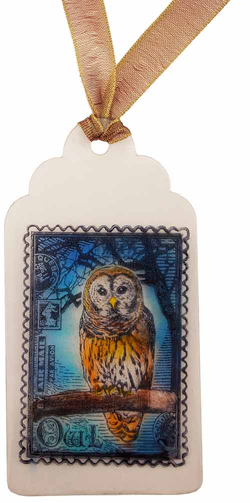 An owl image tag created using StazOn inks and GlazOn protectant layer between each color.