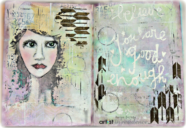 art journal, heat gun, brayer, baby wipes, gesso, pastels, white pen