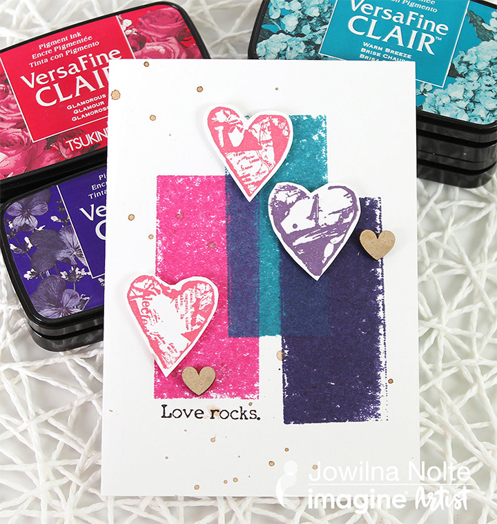 A handmade Valentine's Day card made with Warm Breeze, Glamorous and Monarch colors of VersaFine Clair inkpads.