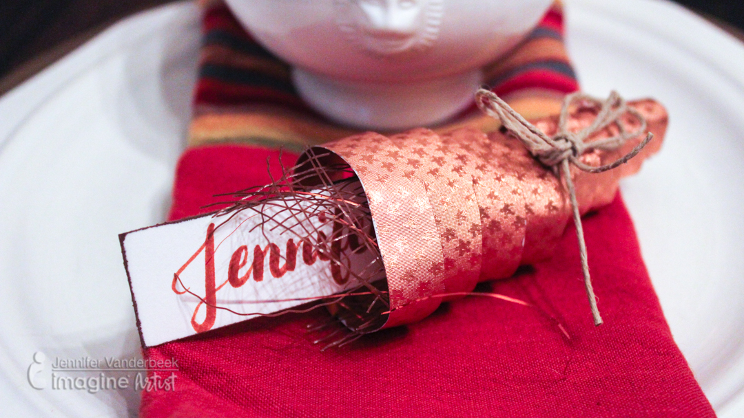 Handmade placecard name tag holder in the shape of a cornucopia made with Rinea foil and Memento Markers.