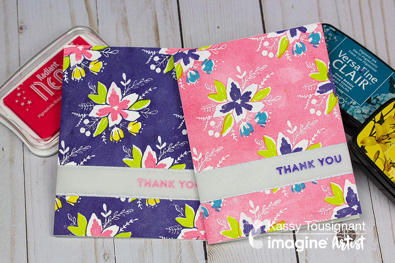 Two handmade Thank You cards made with the same inks but in alternating orders for two different looks.