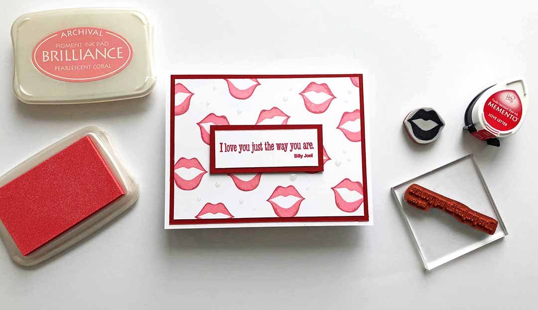 Handmade greeting card with shiny two-toned lips using Memento and Brilliance inks.