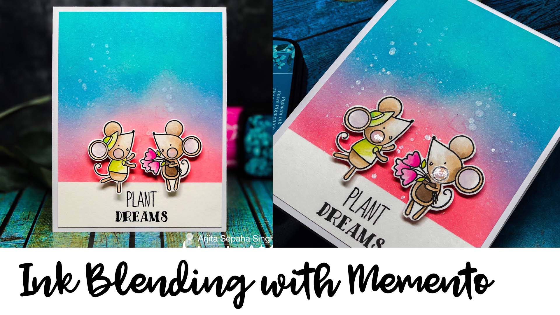 Handmade card featuring a dreamy blended background made with Memento Inks.