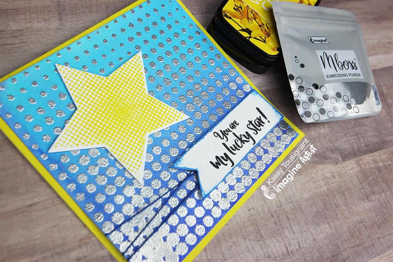 Handmade encouragement card featuring holographic stars made with Mboss embossing powder.