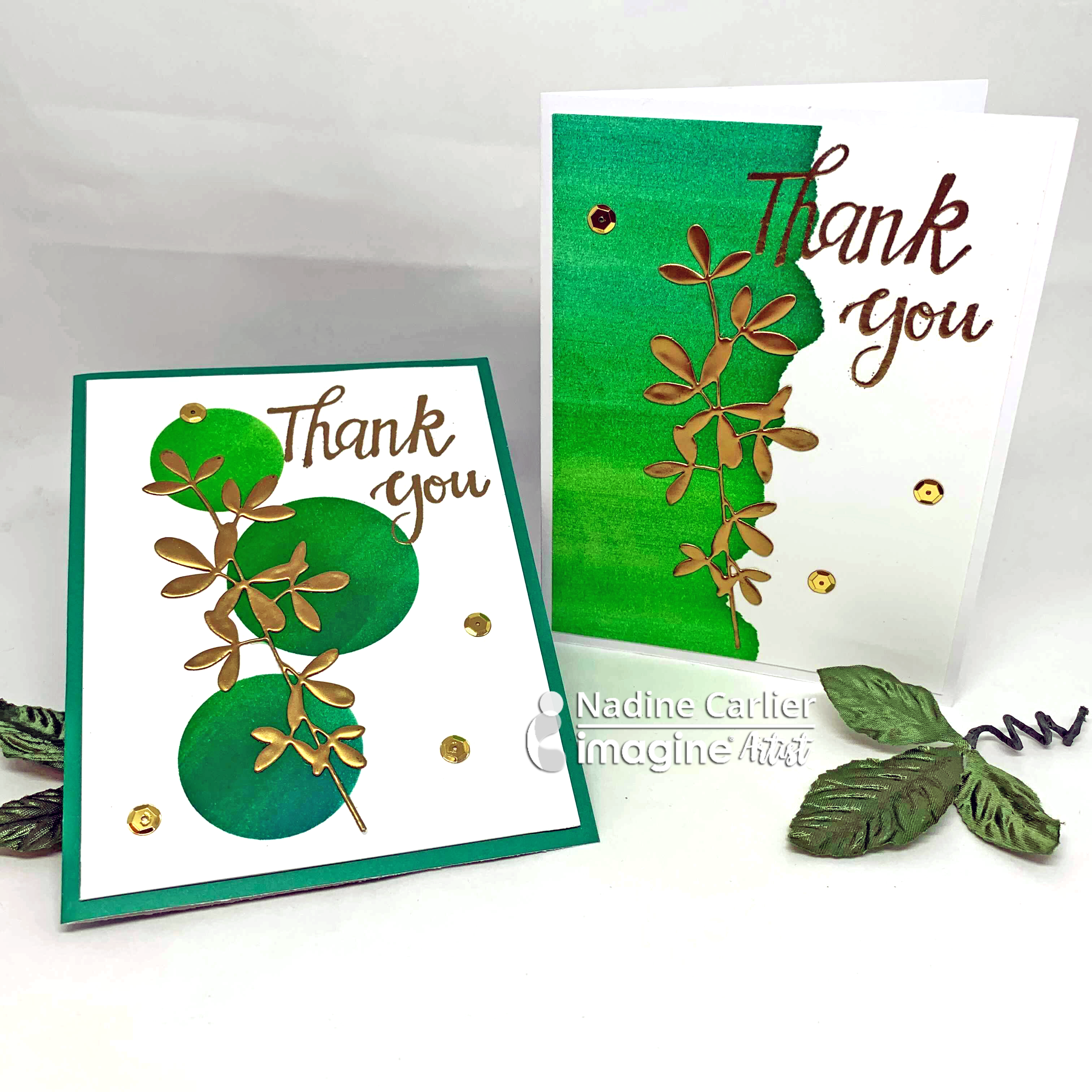 Handmade green greeting cards with an ombre effect made using masks and a Kaleidacolor ink pad.