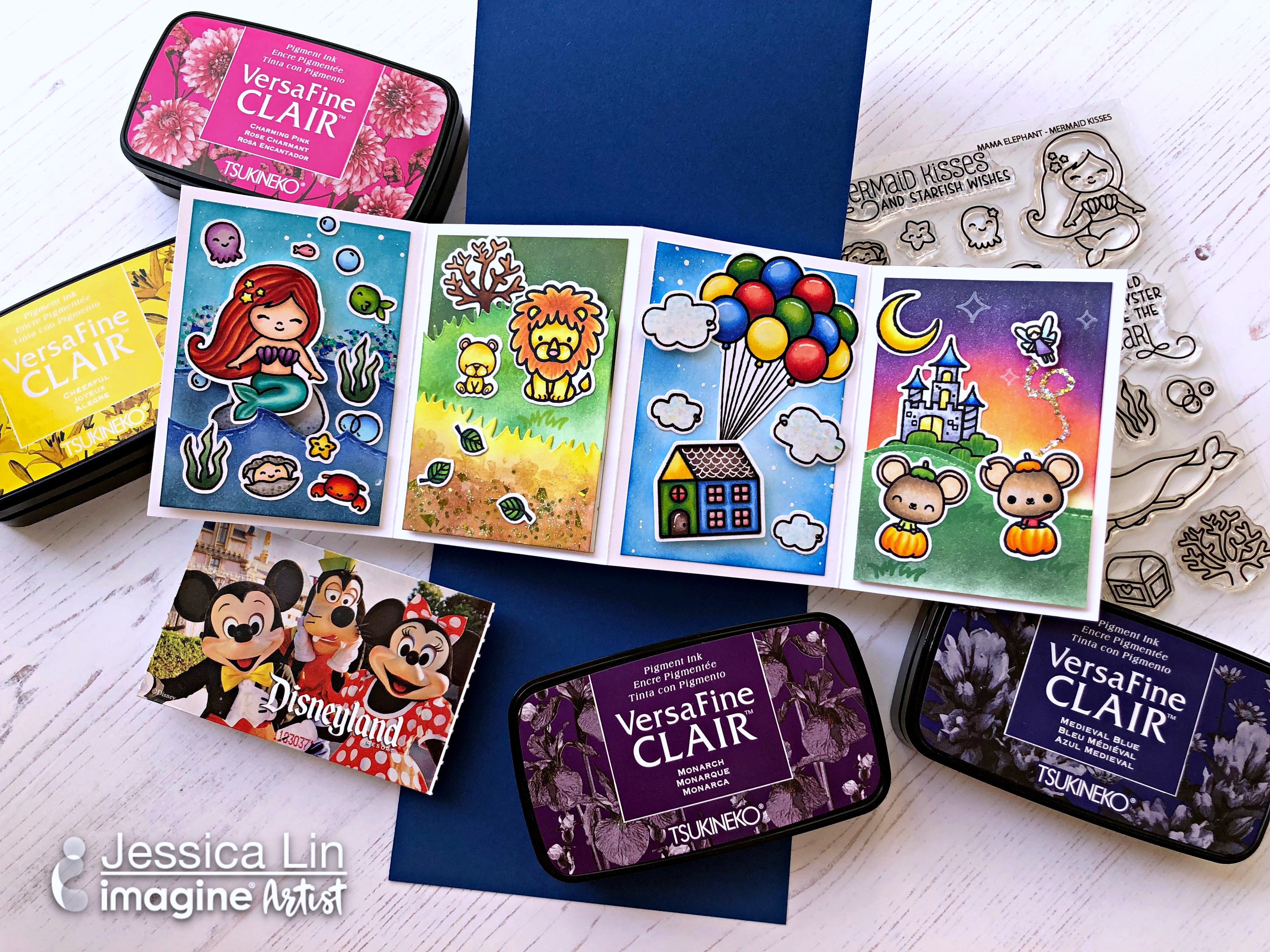 Handmade twist and pop 3D Disney Memory card with blended backgrounds made with VersaFine Clair ink.