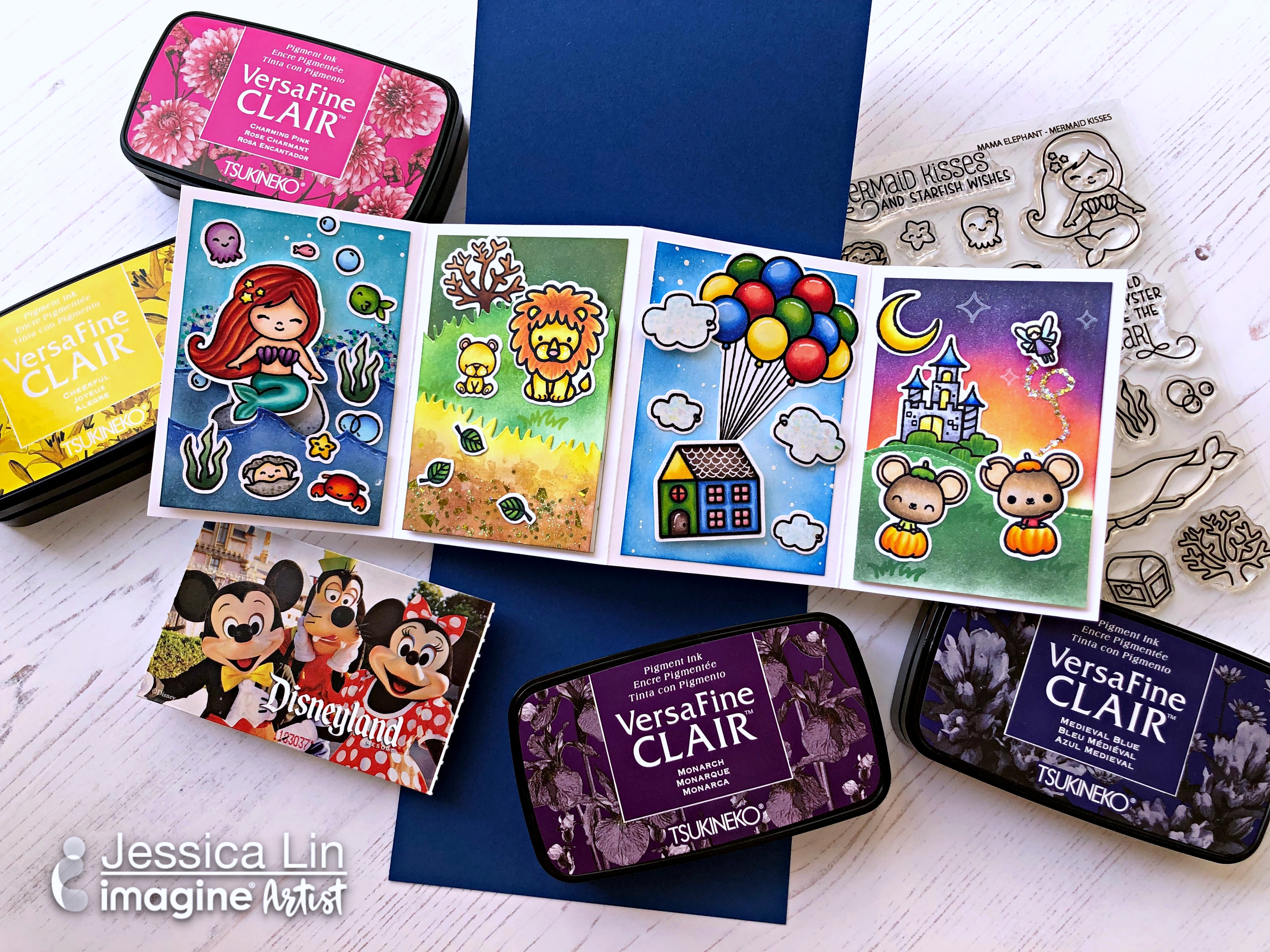 Handmade twist and pop 3D Disney Memory card with blended backgrounds made with VersaFine Clair ink.