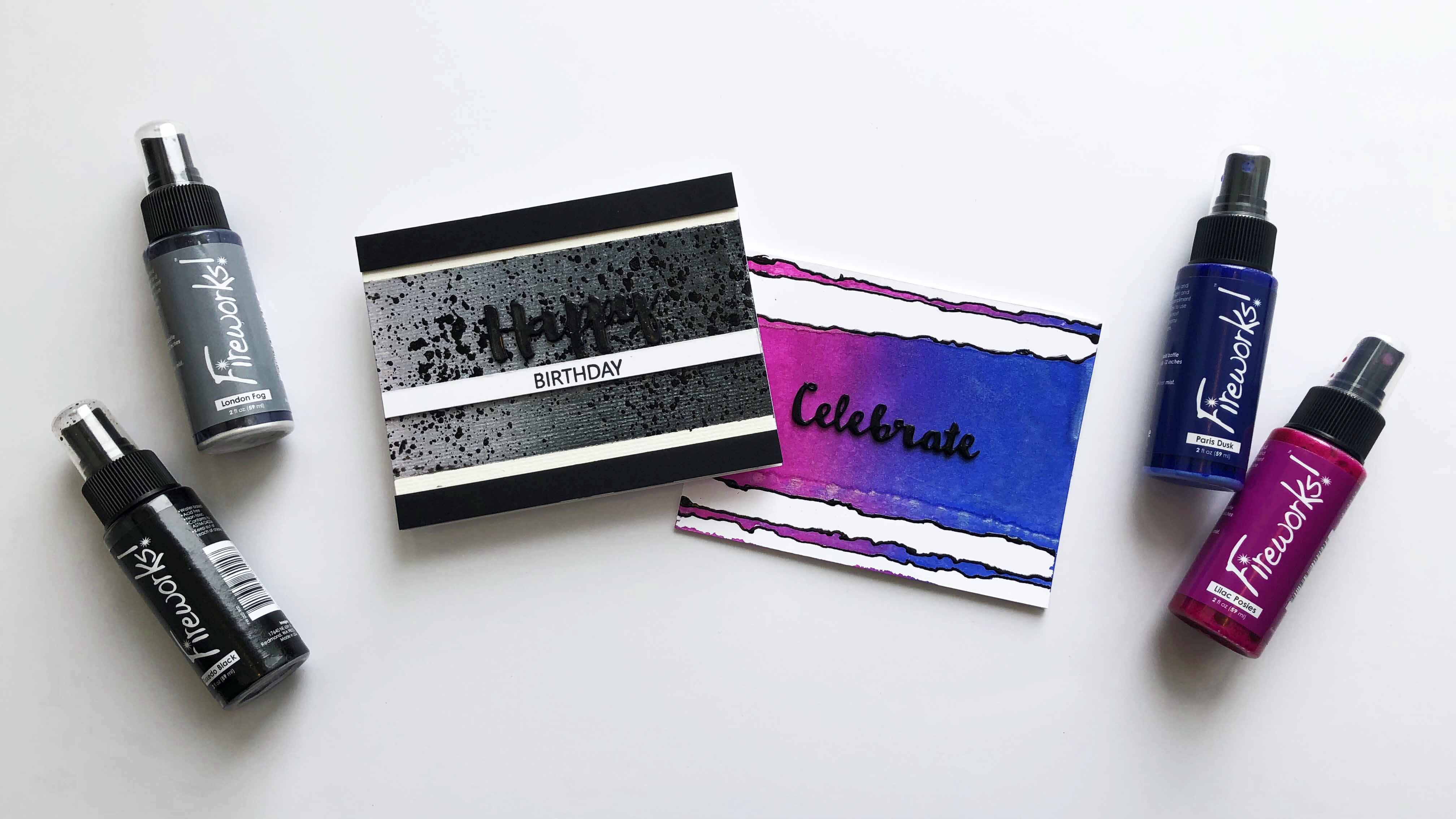 Two handmade birthday cards made with blended ink backgrounds made with Fireworks Shimmery Craft Spray