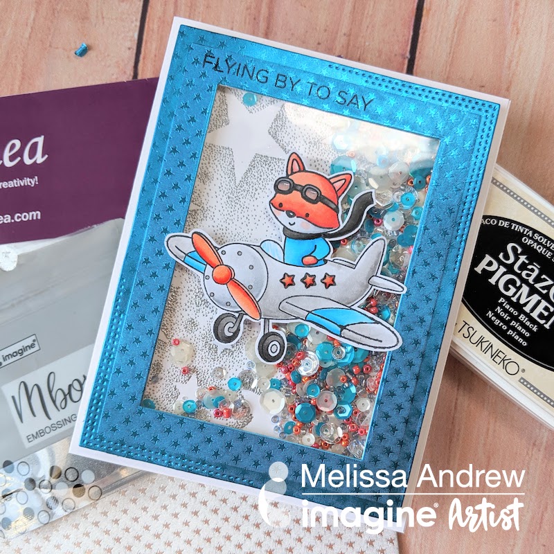 Handmade shaker card featuring a cute fox flying a little single prop plane.