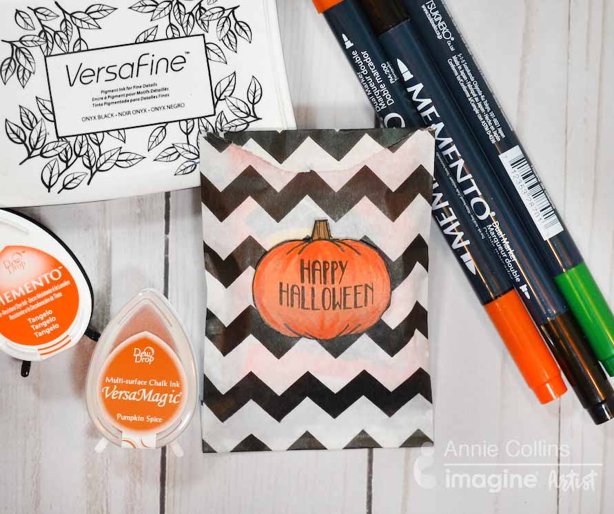 How To Make A Halloween Goodie Bag - orange ink pad, black chevron background